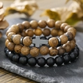 Three-piece men's elastic bracelet set featuring wooden beads and hematite cross charm - Matte Black Cross Religious Three-Piece Set (ZJ13164)