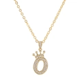 Detailed view of gold crown letter O pendant with sparkling cubic zirconia on link chain - Letter O / Gold