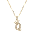 Detailed view of gold necklace with zircon crown and letter Q pendant on a cable chain - Letter Q / Gold
