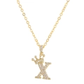 Detail of gold letter K necklace with zircon crown pendant on simple chain link - Letter X / Gold
