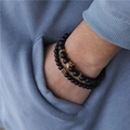 Men's matte black beaded bracelet set with gold crown and micro-pasted zircon charms - Golden Crown Square Charm Simple Luxury Layered Style (ZJ3687)