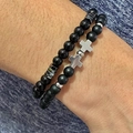Men's beaded bracelet set featuring black hematite beads and a silver cross charm - Cross Metal Pendant Shiny Matte Black Style (ZJ11257)