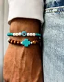 Bohemian elastic beads bracelets with blue evil eye and turquoise cross pendant charm - Evil Eye Cross Wood Beads Style (ZJ12989)