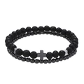 Close-up of black lava stone and hematite beads bracelet set with cross pendant - Lava Cross Style (ZJ2969)