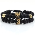 Set of two black beaded bracelets with golden crown charms and lava stone beads - Matte Black Gold Black Rhinestone Crown Set (ZJ2186G)