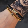 Boheemse goud- en zwarte kralen armbandenset met kroon en zirkoonbal - Pave Gouden Kroon & Zwarte Matte Kralen (ZJ2964G)