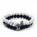 White turquoise and matte black beaded bracelet set with sparkling crown charms - White Turquoise Crown & Matte Black Gunmetal Inlaid Crown Set (ZJ1728H)