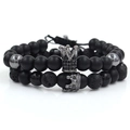 Beaded bracelet set with black matte beads, lava stone, and micro-pave crown charm - Matte Black Gunmetal Black Rhinestone Crown Set (ZJ2186H)