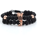 Set of black lava stone bracelets with rose gold crown charms and green rhinestones - Matte Black Rose Gold Black Rhinestone Crown Set (ZJ2186RG)