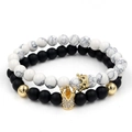 Howlite and matte black bead couple bracelet set with golden crown charms - White Turquoise Crown & Matte Black Gold Inlaid Crown Set (ZJ1728G)
