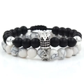 Double-layered beaded bracelet set with black matte beads and white turquoise crown charms - Matte Black Silver Black Rhinestone Crown & White Turquoise Set (ZJ2185S)