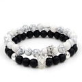 White turquoise and black matte beaded bracelet set with silver crown charms - White Turquoise Crown & Matte Black Silver Inlaid Crown Set (ZJ1728S)