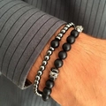 Heren armbandenset met matzwarte kralen en een zilverkleurige bezette zeskantmoer - Strass Zeskantmoer Accessoire (ZJ2740)