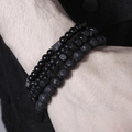 Heren armbandenset met lava steen, hematiet en houten kralen in zwarte uitvoering - Zwarte Lava & Matte Vierkante Kralen (ZJ10491)