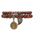 Set of 2 bohemian beaded bracelets with tree of life and leaf charms on red stone beads - Tree of Life Red Jasper Style (ZJ14026)