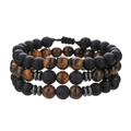 Macro detail of men's beaded bracelet set featuring tiger eye and black volcanic lava stones - Tiger Eye Woven Cord Style (ZJ10492)