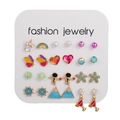 Close-up of 12 pairs of colorful enamel stud earrings including unicorn and rainbow shapes - Rainbow Astronaut Fun Style (ZJ6700)