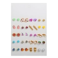 Detailed 5x5 grid of 25 pairs of assorted enamel animal and fruit stud earrings on white card - Color Oil Drip Letter Style (ZJ6718)