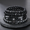 Set de 5 bracelets en pierre naturelle pour homme avec lave, onyx et perles d'hématite - Ensemble 5 Pièces Empilable Noir et Argent (ZJ11753)