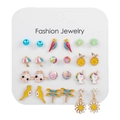 Colorful 12-pair enamel stud earring set featuring flowers, fruits, and animals for women - Cartoon Unicorn Dragonfly Style (ZJ6696)
