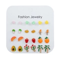 Detail of 12-pair earring set featuring colorful oil-drip fruit and floral designs - Fruit Plant Oil Drip Style (ZJ6697)