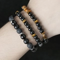 Drielagige bohemian kralenarmbandset met zwarte lavasteen en tijgeroog kralen - Tijgeroog & Vulkanisch Lavagesteente (ZJ13080)