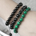 Driedelige handgemaakte kralenarmbandset met zwarte onyx, hematiet en groene malachiet - Malachiet Stijl Getextureerde Ronde Kralen (ZJ13082)