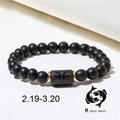 Macro detail of matte black onyx bead bracelet with Pisces zodiac symbol and gold rings - Pisces (ZJ4595)