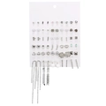 Detail of 36 pairs earring set featuring silver studs, pearls, and tassel drops on white card - Silver Tone Pearl Tassel Style (ZJ2984)