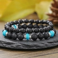 Vintage stackable bracelet set with black lava stone and turquoise beads on slate - Lava Rock Turquoise Metal Disc Style (ZJ13773)