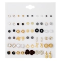 Set of 30 pairs geometric metal pearl and crystal stud earrings displayed on card - Mixed Design Style (ZJ13107)