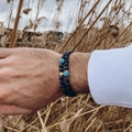 Lava stone and blue turquoise beaded double-layer men's bracelet with gold cross - Cross Lava Rock Turquoise Style (ZJ12986)
