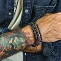 Men's bohemian stackable bracelet set with black matte beads and volcanic lava stones - Lava Rock Metal Spacers Style (ZJ13132)
