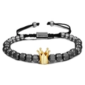 Pulsera ajustable de cuentas gris oscuro con corona dorada y cordón trenzado de moda - Pulsera Negra Corona Dorada-6MM