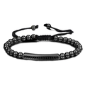 Adjustable black bead bracelet for men with micro-paved zircon bar and woven cord - Gun Black (ZJ6653)