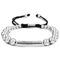 Adjustable woven bracelet with silver metal beads and black zircon rectangular bar charm - Silver (ZJ6655)