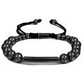 Detail of gunmetal beaded bracelet with black zircon rectangular bar and adjustable cord - Gun Black (ZJ6657)
