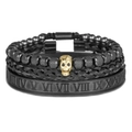 Set di 3 bracciali neri con teschio dorato, numeri romani e cinturino intrecciato - Nero E Oro (ZJ7041)