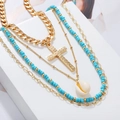 Juego de collares de capas dorados boho con cuentas azules y dijes de conchas marinas - Conjunto bohemio de concha de cruz (ZJ6870)