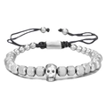 Pulsera retro de cuentas de acero inoxidable con calavera de circón y cordón trenzado - Calavera Plateada Cuentas Moleteadas Plateadas (ZJ7035)