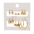 Set of 6 gold C-shaped hoop earrings with pearls and crystals on white display card - Butterfly Rhinestone Style (ZJ7665)