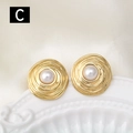 Golden stainless steel stud earrings featuring white pearls and spiral texture - Spiral Texture Pearl Round Style (C)