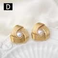 Elegant gold spiral stainless steel earrings with white pearl inlay in vintage style - Spiral Texture Pearl Triangle Style (D)