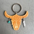 Bohemian bull head wooden keychain with turquoise beads and metallic feather pendants - Sunflower Pattern (1)