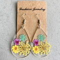 Teardrop acrylic earrings featuring yellow and purple dried flowers on kraft card - Yellow Purple and Green Floral