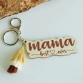 Close-up of wooden mama best ever keychain with three-tone gradient fringe tassel - Brown Beige Yellow Tricolor Tassel (8)
