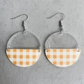 Minimalist acrylic semi-circle earrings with orange checkered leather pattern on grey background - Orange Gingham Style (2)