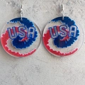 USA flag style acrylic drop earrings with red and blue spiral pattern for festival - Round USA Letter Style