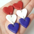 Handmade red white and blue polymer clay heart earrings for July 4th Independence Day - Triple Color Heart (Style 1)