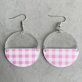 Detail of acrylic drop earrings featuring pink and white checkered pattern and silver hooks - Pink Gingham Style (3)